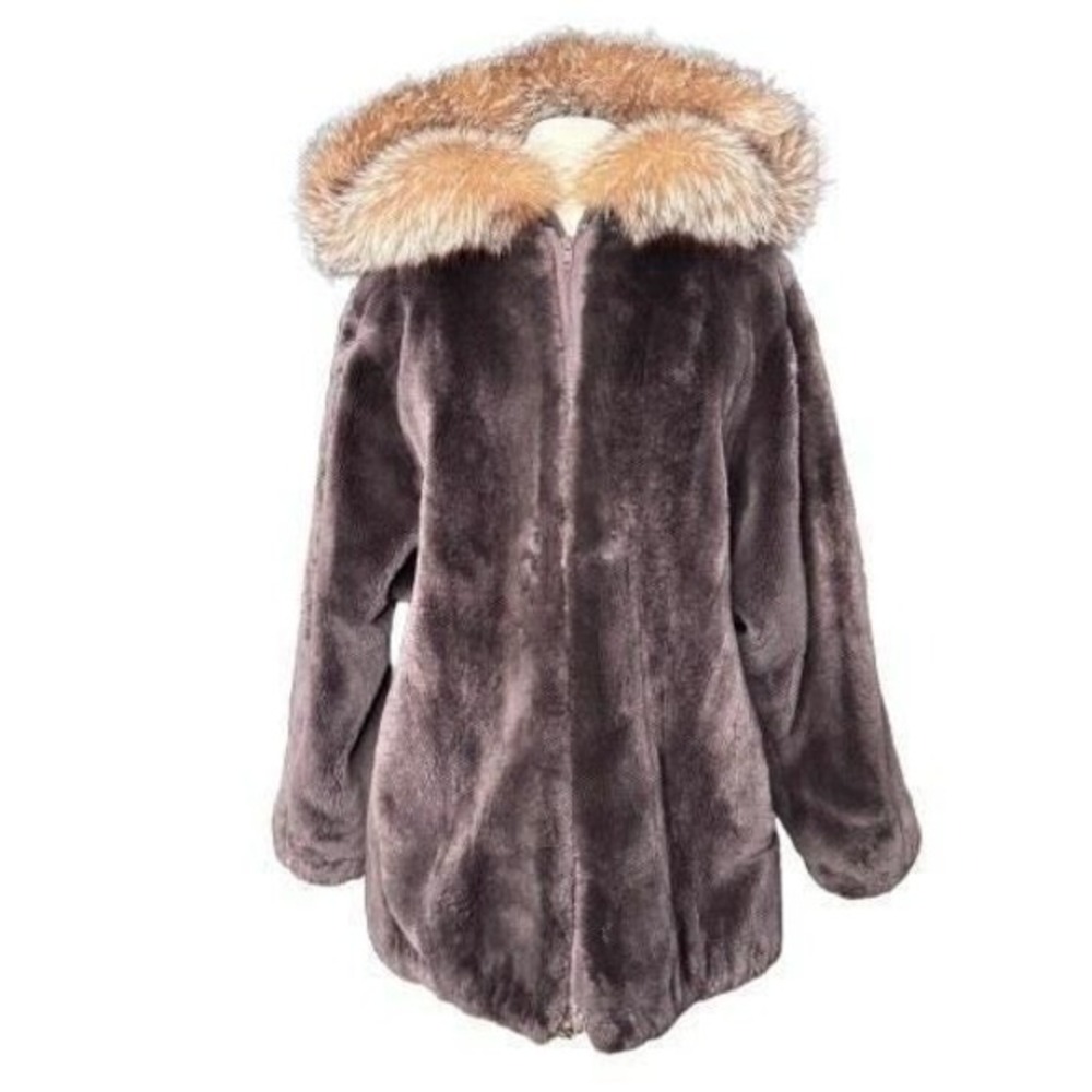 Vintage Shearling Fur Hooded Coat Chocolate Brown Heavyweight Winter